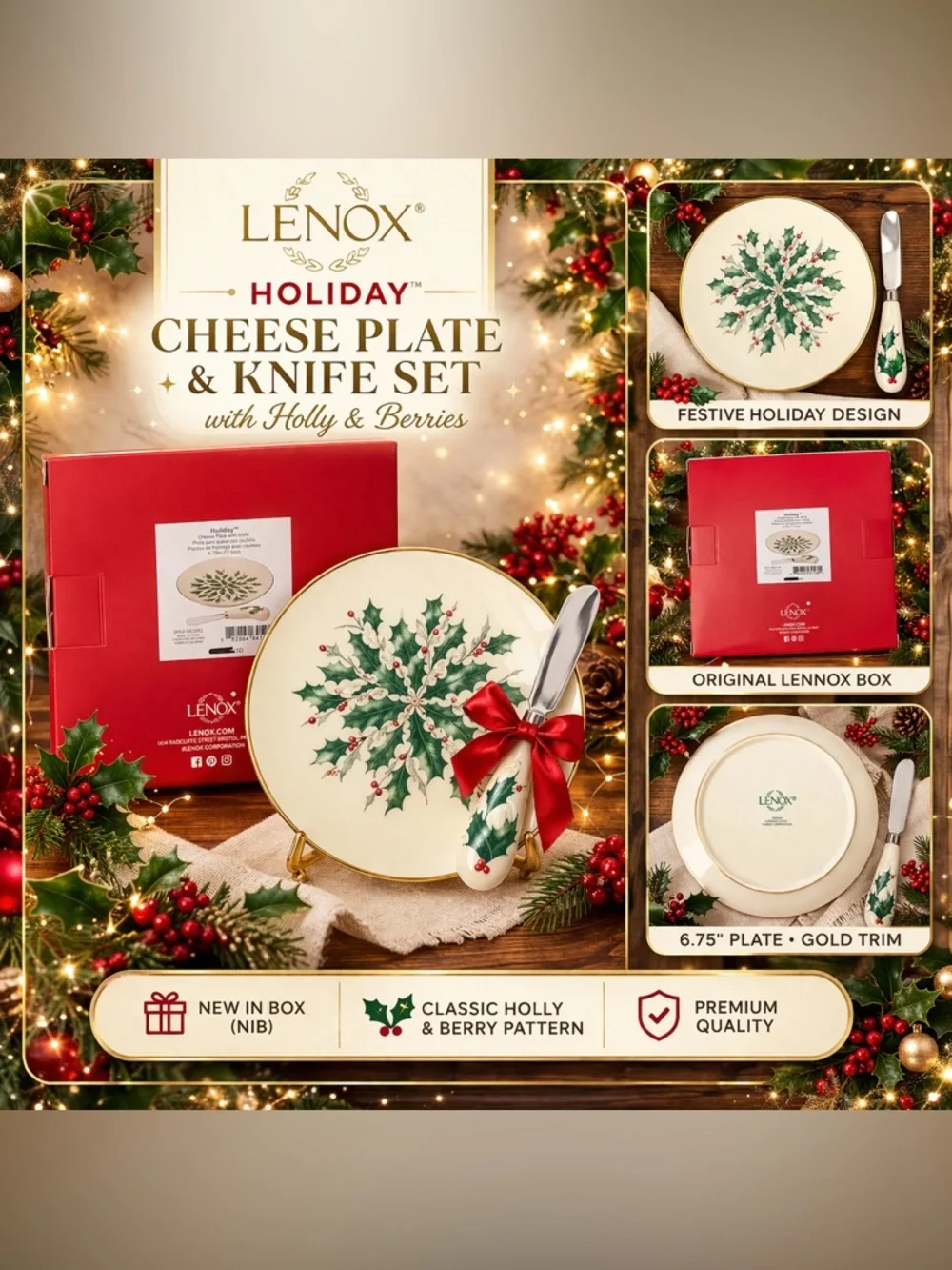 Lenox Holiday Cheese Plate & Knife Set Holly Berry NIB